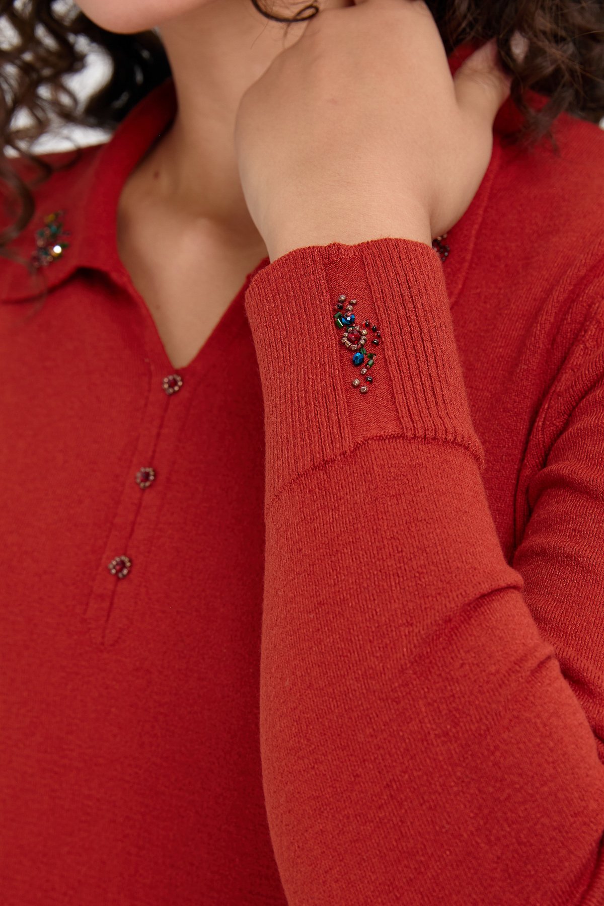 24092Kadın Polo Yaka Yakası İşlemeli Kazak K.Kiremit