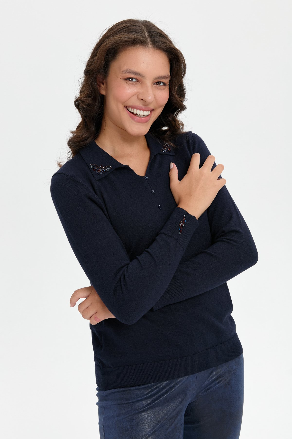 24092Kadın Polo Yaka Yakası İşlemeli Kazak K.Lacivert