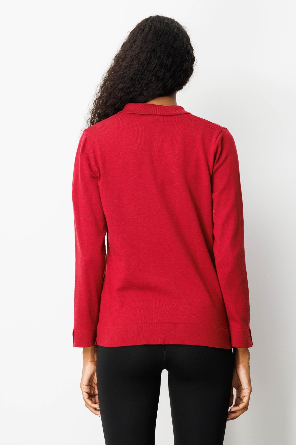 25391Kadın Polo Yaka Yakası ve Kolu Düğmeli Bluz Vişne