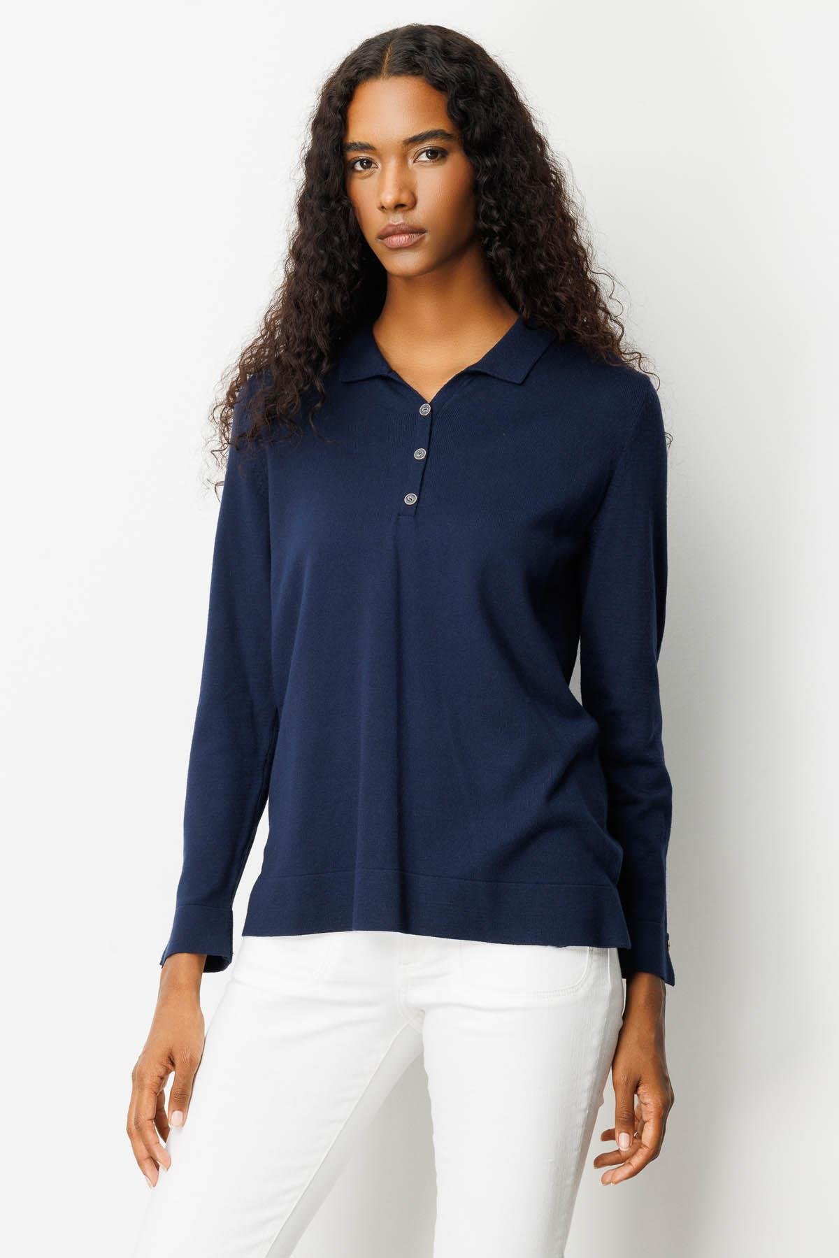 25391Kadın Polo Yaka Yakası ve Kolu Düğmeli Bluz Lacivert