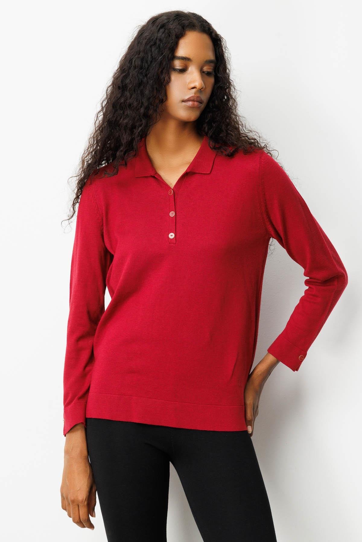 25391Kadın Polo Yaka Yakası ve Kolu Düğmeli Bluz Vişne