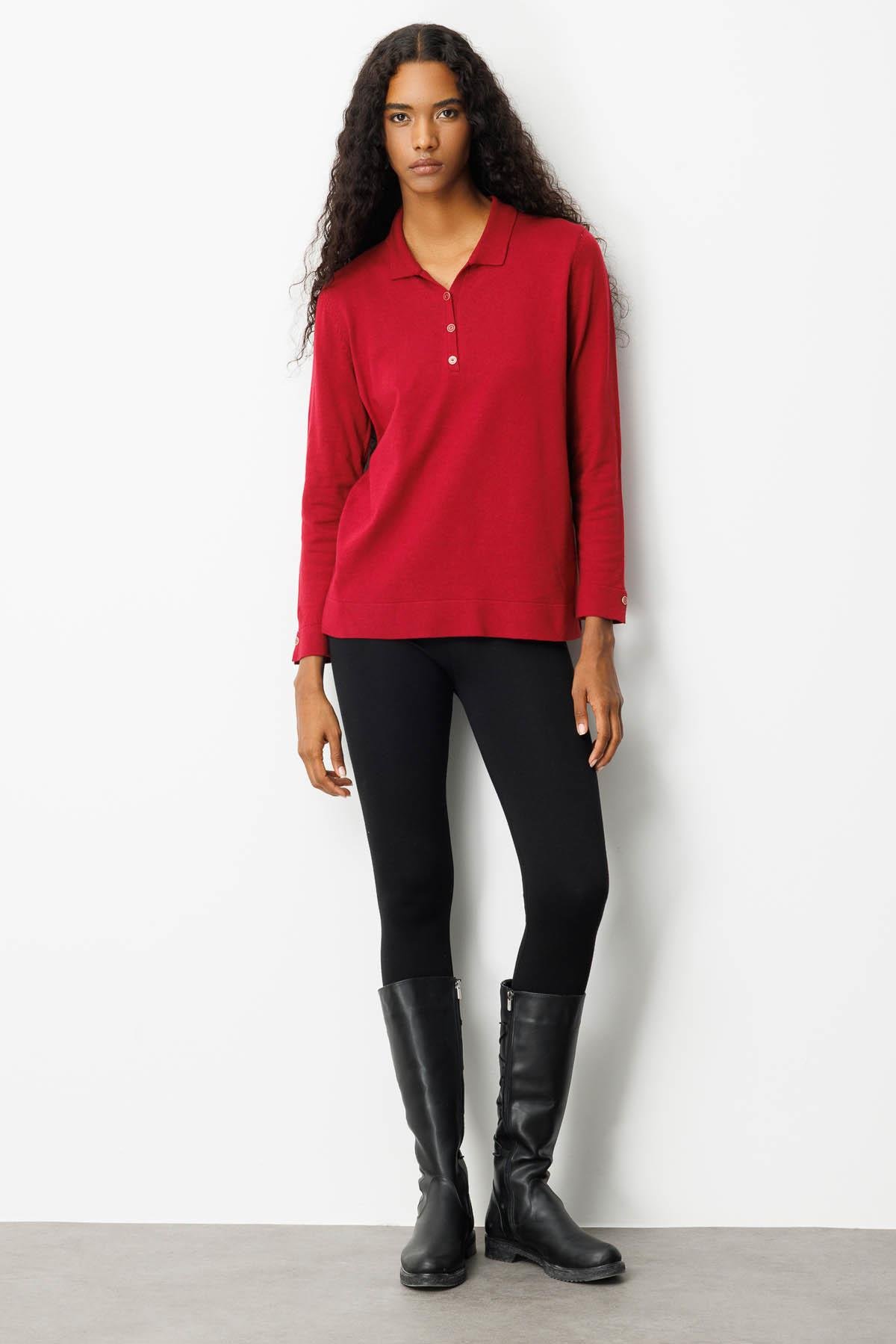 25391Kadın Polo Yaka Yakası ve Kolu Düğmeli Bluz Vişne