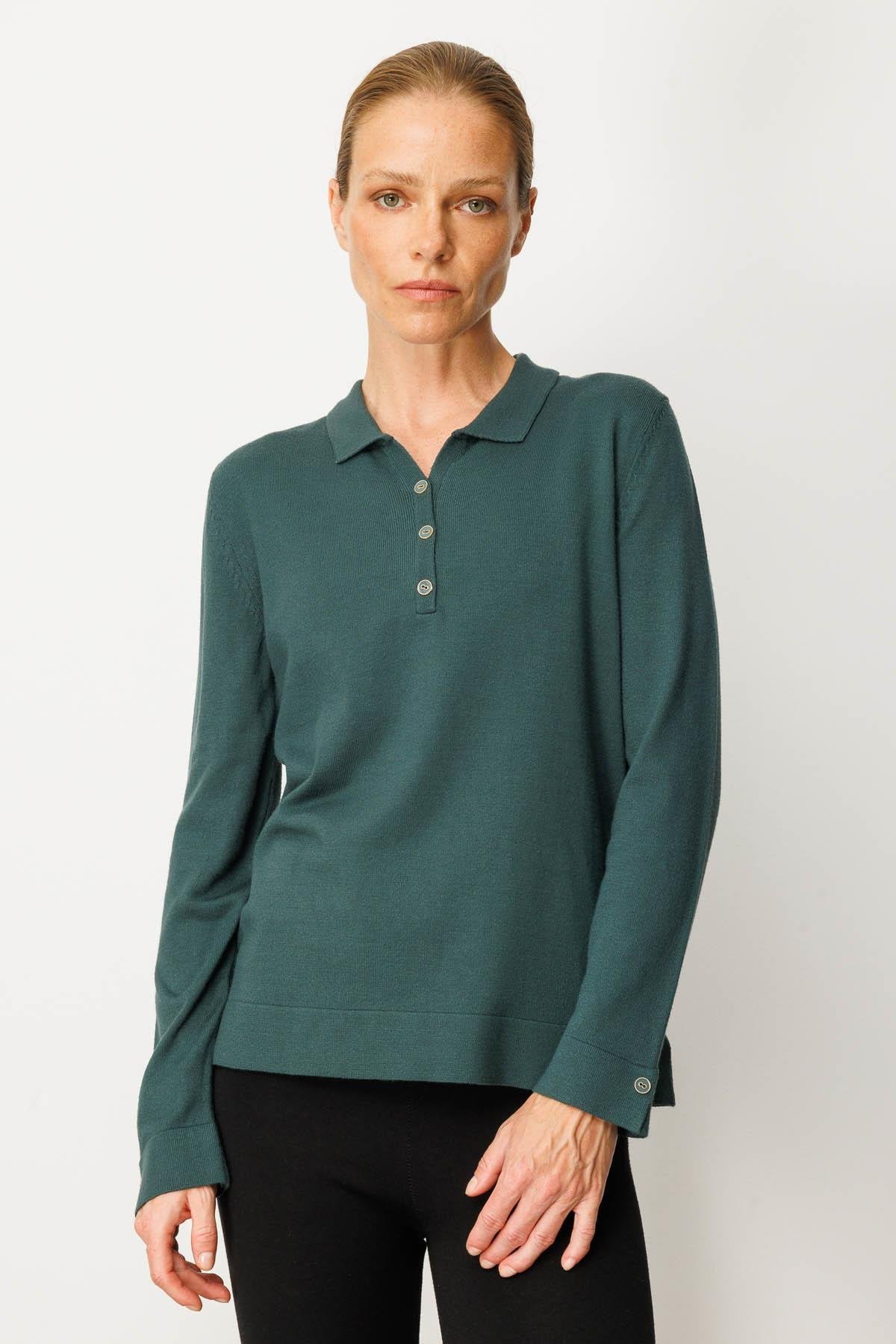 25391Kadın Polo Yaka Yakası ve Kolu Düğmeli Bluz Yeşil