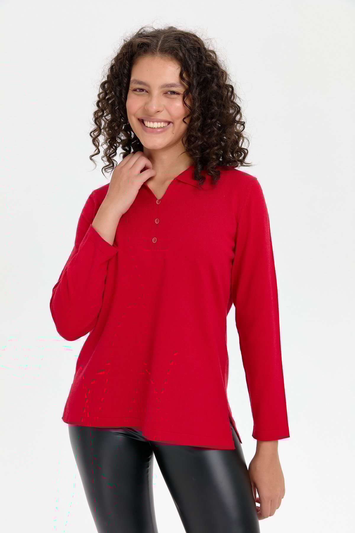 24356Kadın Polo Yaka Yanı Yırtmaçlı Kazak K.Kırmızı