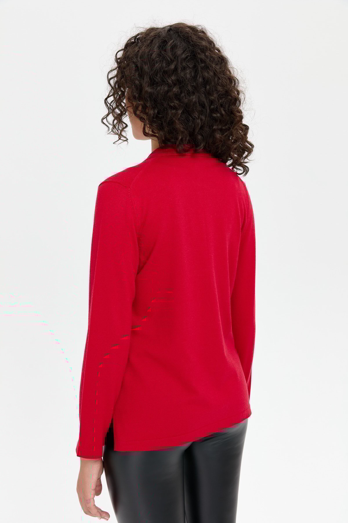 24356Kadın Polo Yaka Yanı Yırtmaçlı Kazak K.Kırmızı