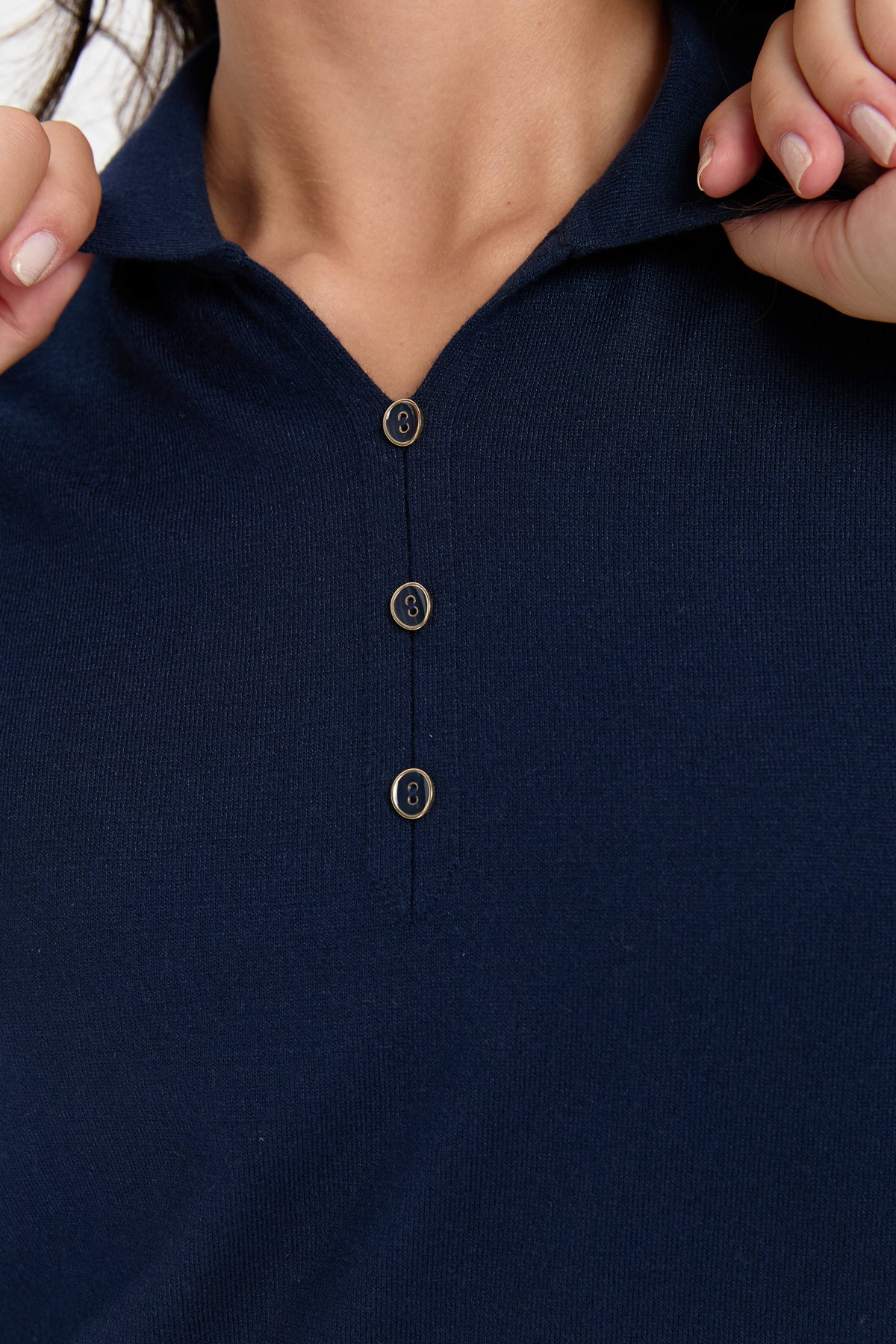 24356Kadın Polo Yaka Yanı Yırtmaçlı Kazak K.Lacivert