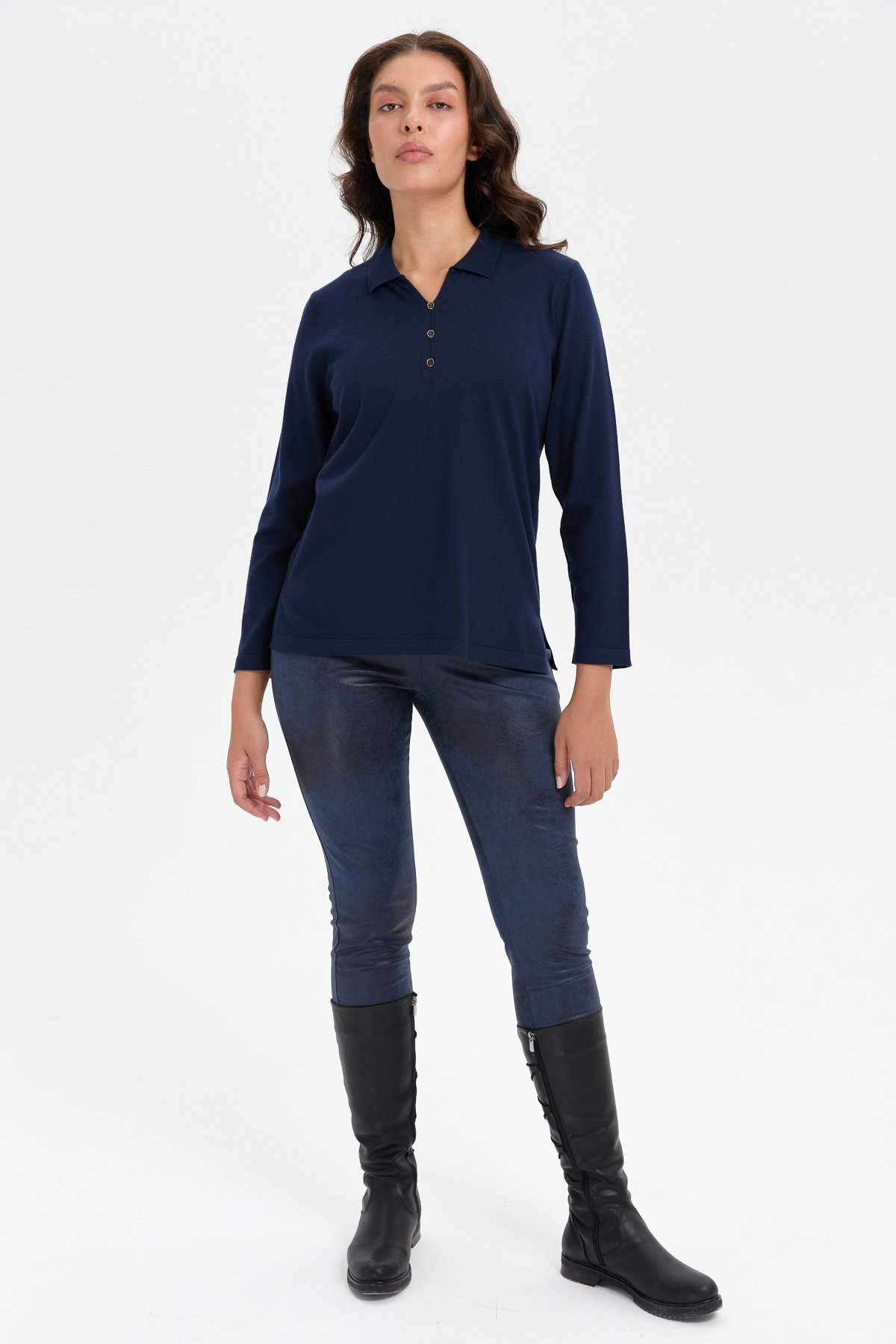 24356Kadın Polo Yaka Yanı Yırtmaçlı Kazak K.Lacivert