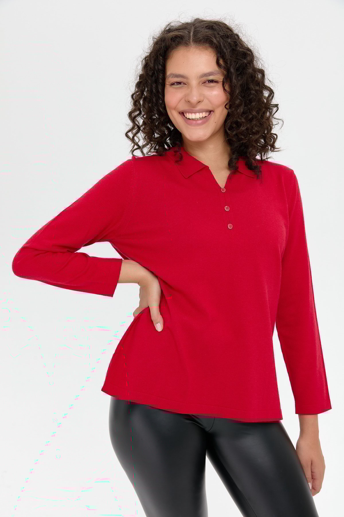 24356Kadın Polo Yaka Yanı Yırtmaçlı Kazak K.Kırmızı