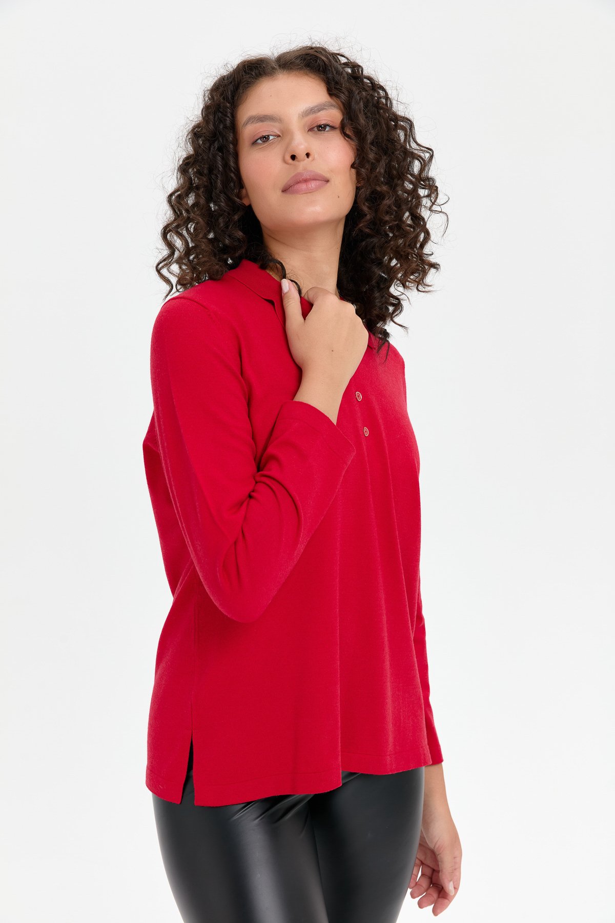 24356Kadın Polo Yaka Yanı Yırtmaçlı Kazak K.Kırmızı