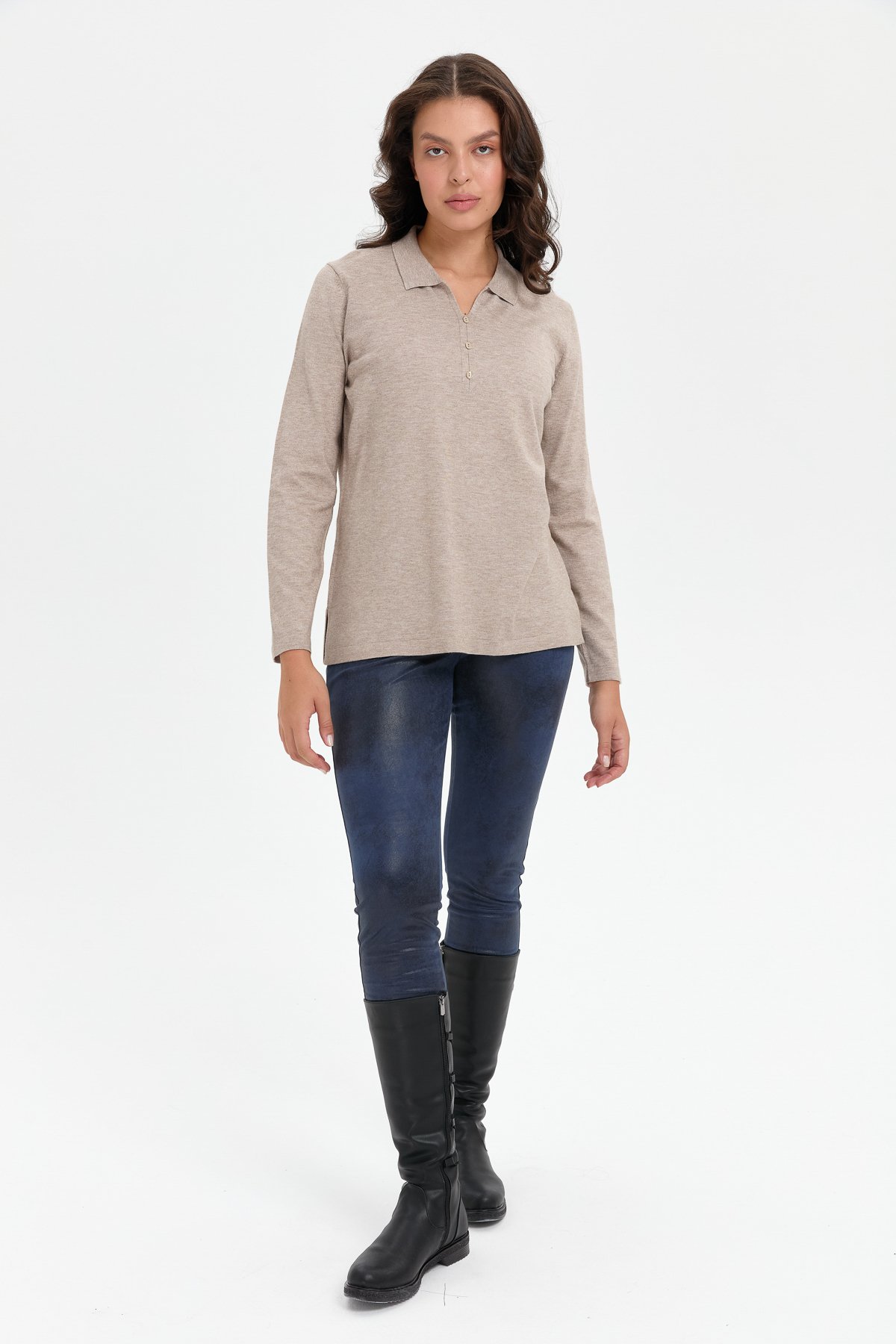 24356Kadın Polo Yaka Yanı Yırtmaçlı Kazak Vizon