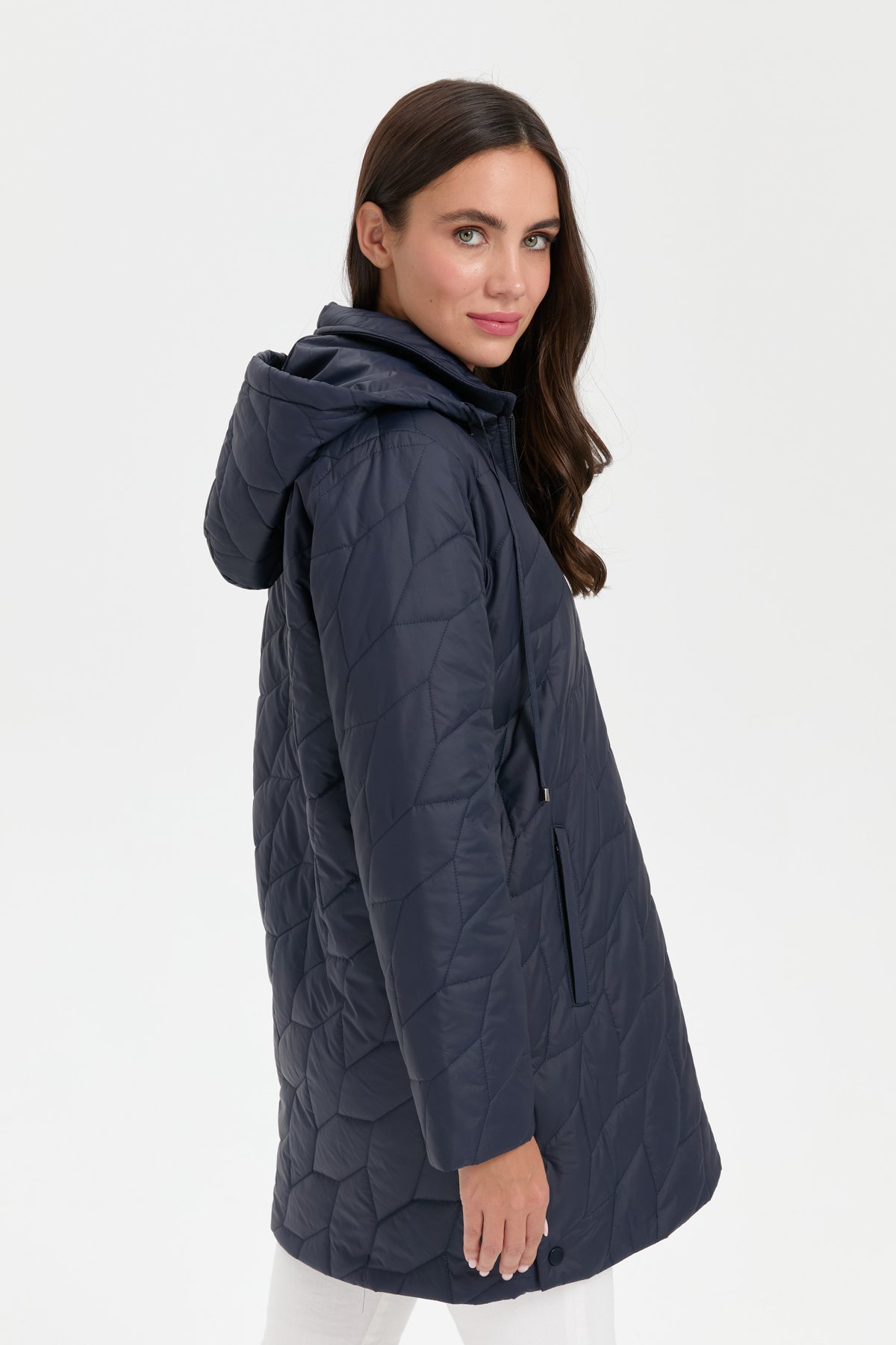 24419Kadın Polo Yaka Yanları Çıtçıtlı Yaprak Desenli Araboy Kapitone Kaban Lacivert