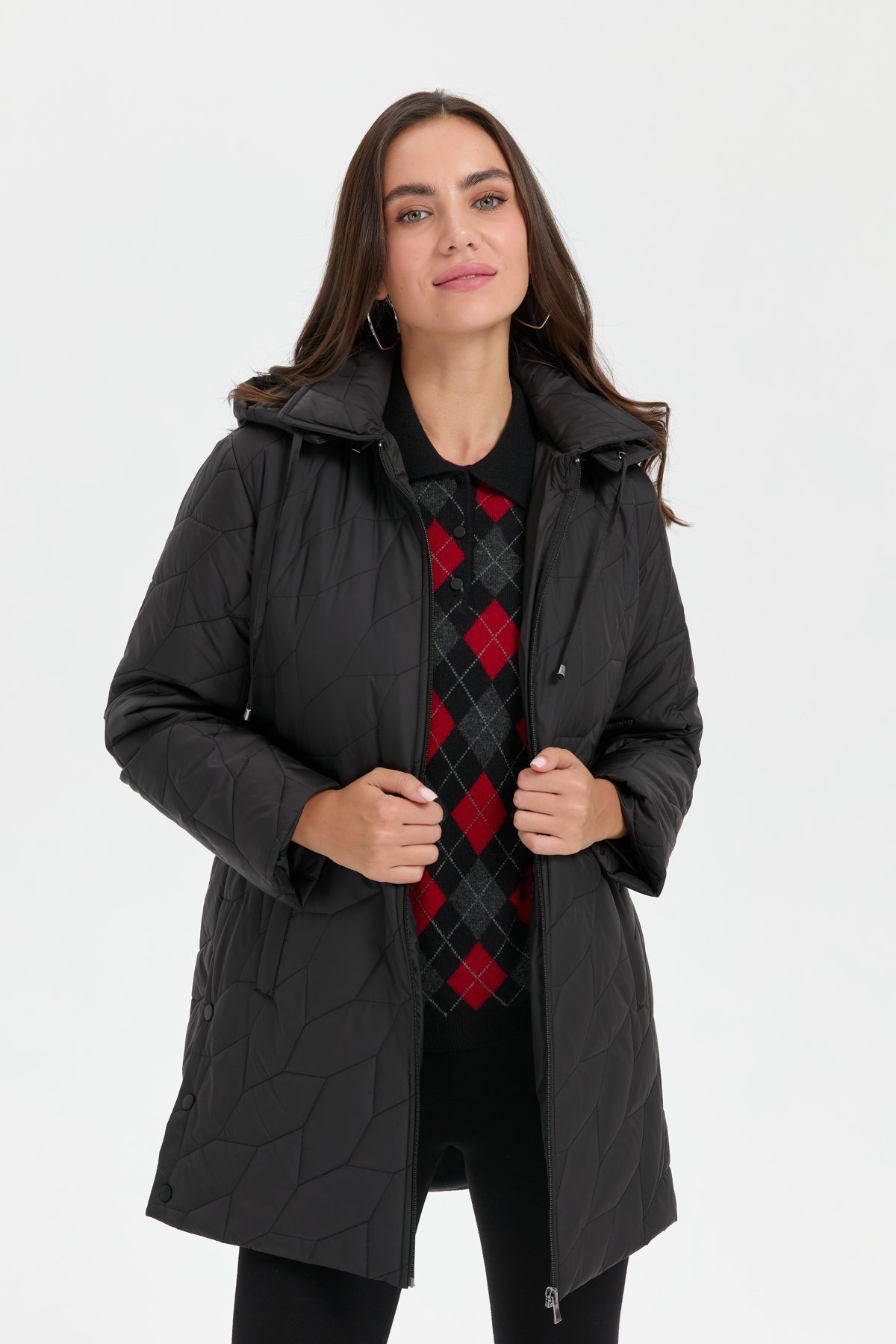 24419Kadın Polo Yaka Yanları Çıtçıtlı Yaprak Desenli Araboy Kapitone Kaban Siyah