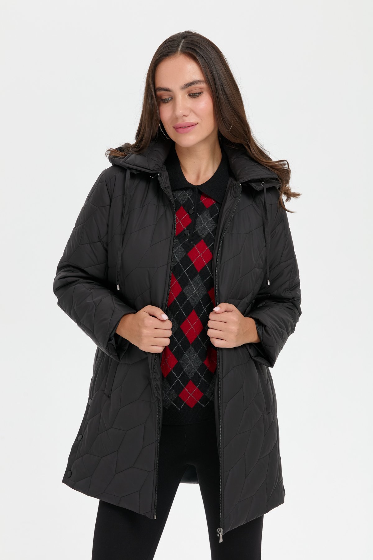 24419Kadın Polo Yaka Yanları Çıtçıtlı Yaprak Desenli Araboy Kapitone Kaban Siyah