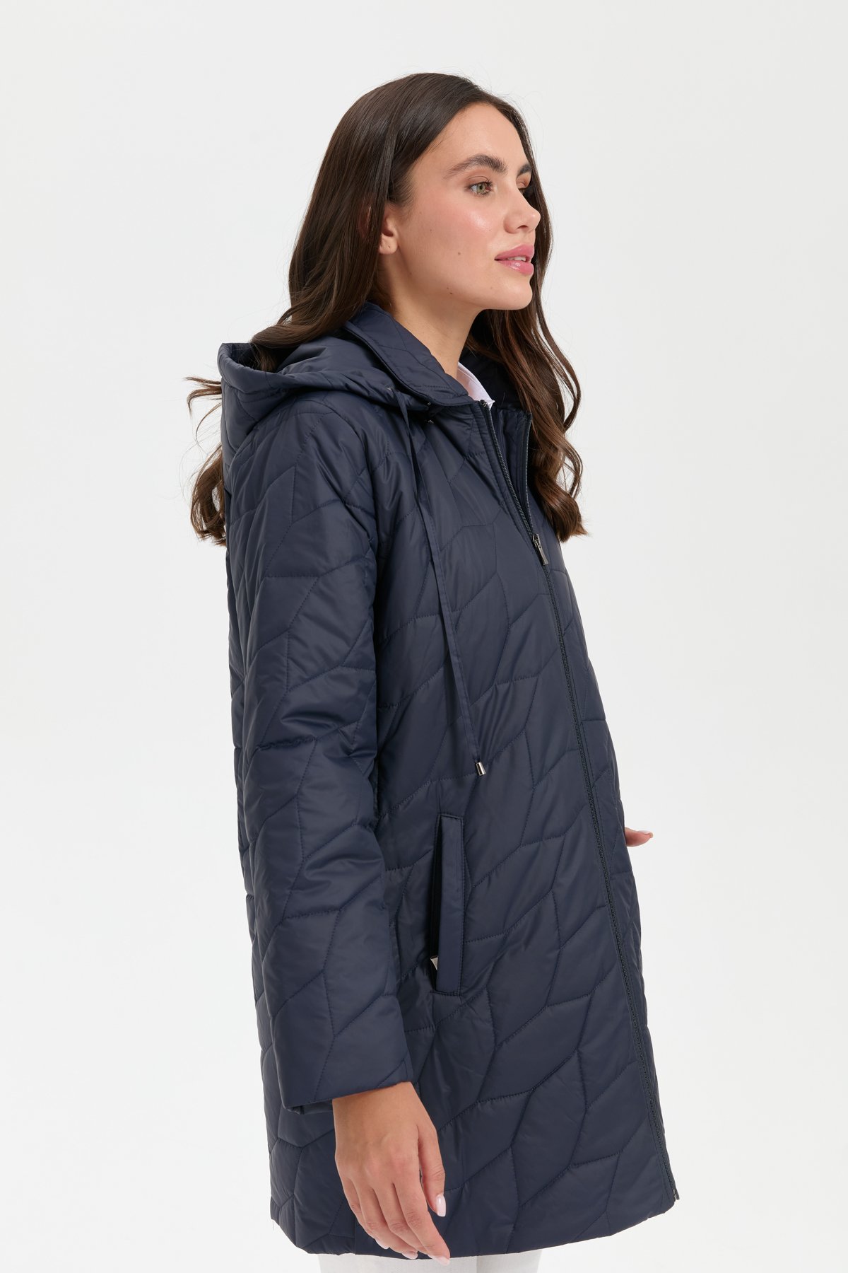 24419Kadın Polo Yaka Yanları Çıtçıtlı Yaprak Desenli Araboy Kapitone Kaban Lacivert