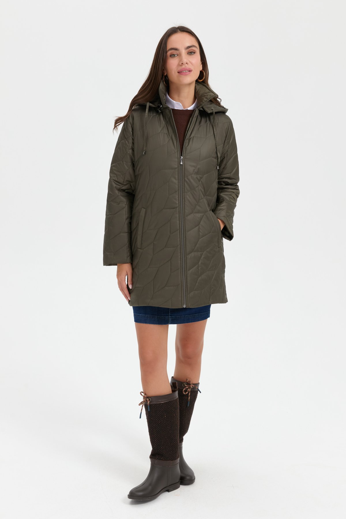 24419Kadın Polo Yaka Yanları Çıtçıtlı Yaprak Desenli Araboy Kapitone Kaban Yeşil