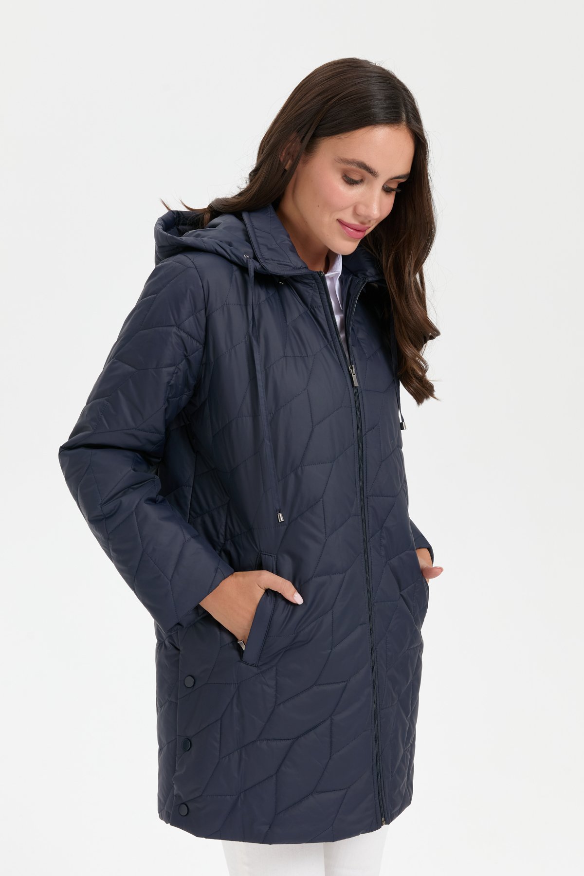 24419Kadın Polo Yaka Yanları Çıtçıtlı Yaprak Desenli Araboy Kapitone Kaban Lacivert