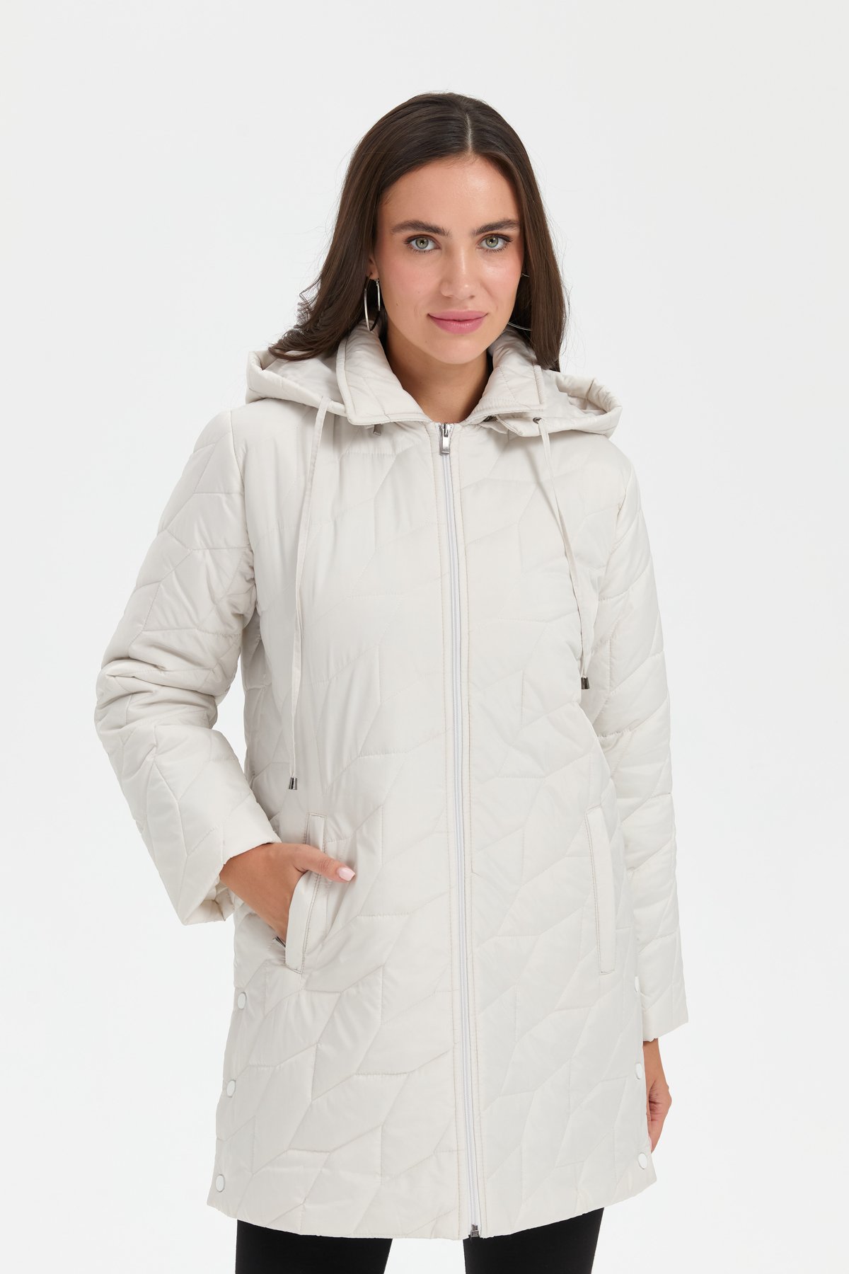 24419Kadın Polo Yaka Yanları Çıtçıtlı Yaprak Desenli Araboy Kapitone Kaban Ekru