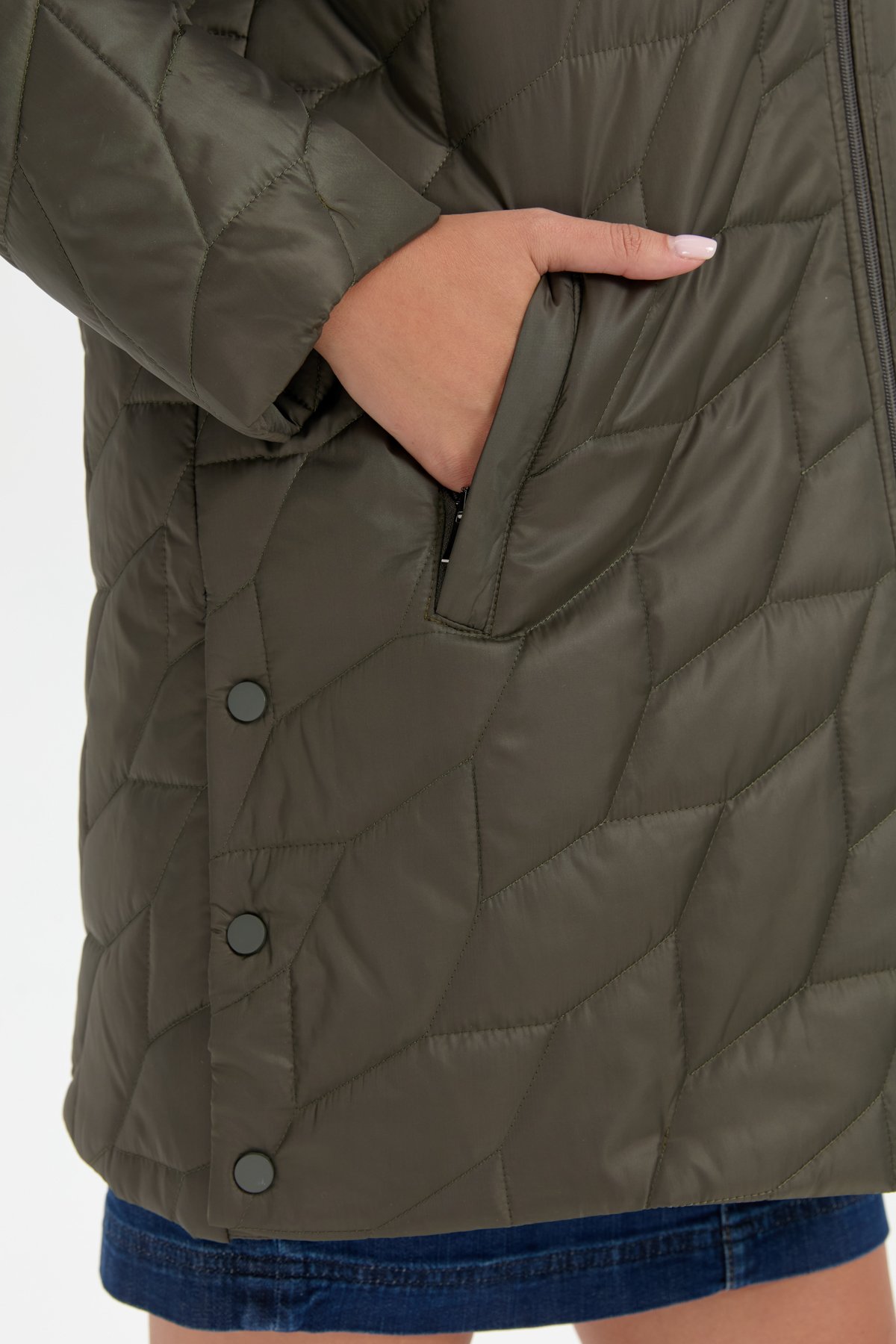 24419Kadın Polo Yaka Yanları Çıtçıtlı Yaprak Desenli Araboy Kapitone Kaban Yeşil