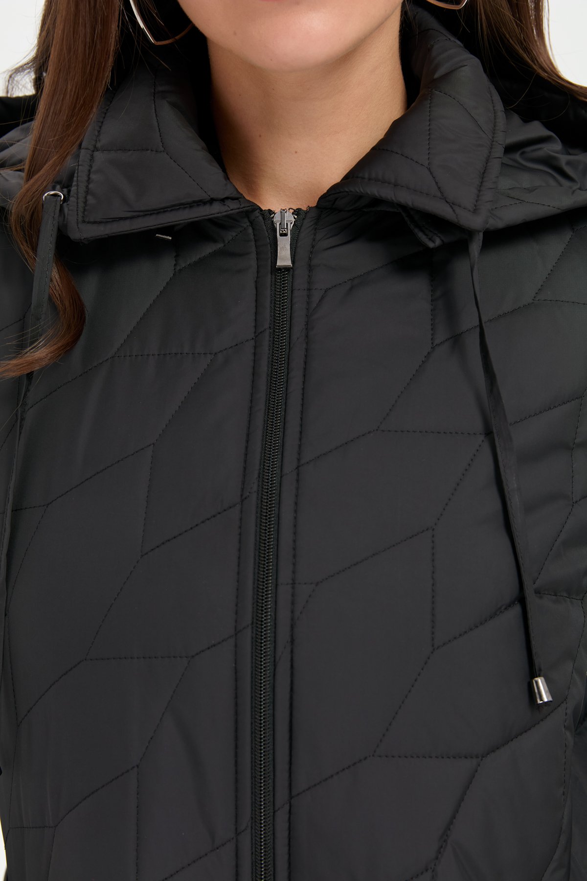 24419Kadın Polo Yaka Yanları Çıtçıtlı Yaprak Desenli Araboy Kapitone Kaban Siyah