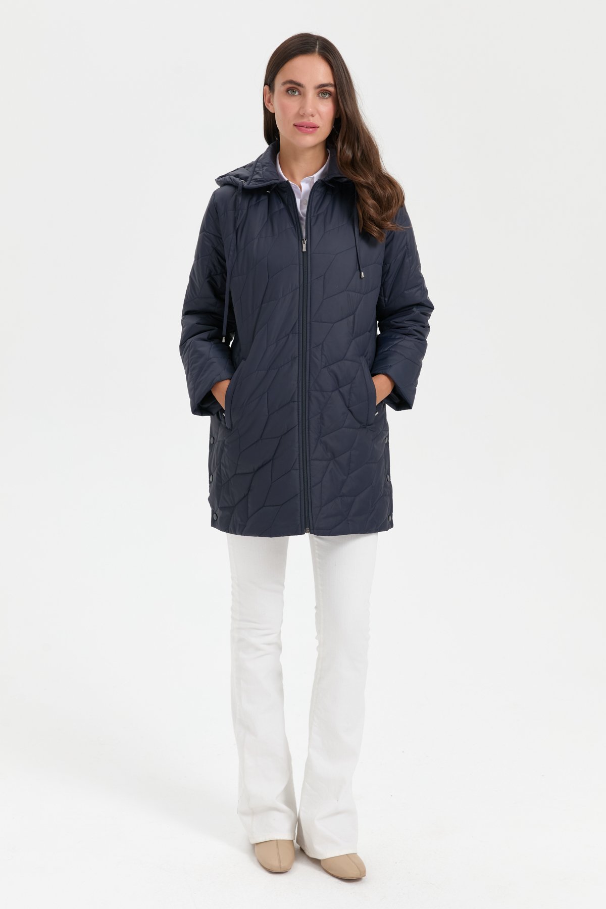 24419Kadın Polo Yaka Yanları Çıtçıtlı Yaprak Desenli Araboy Kapitone Kaban Lacivert