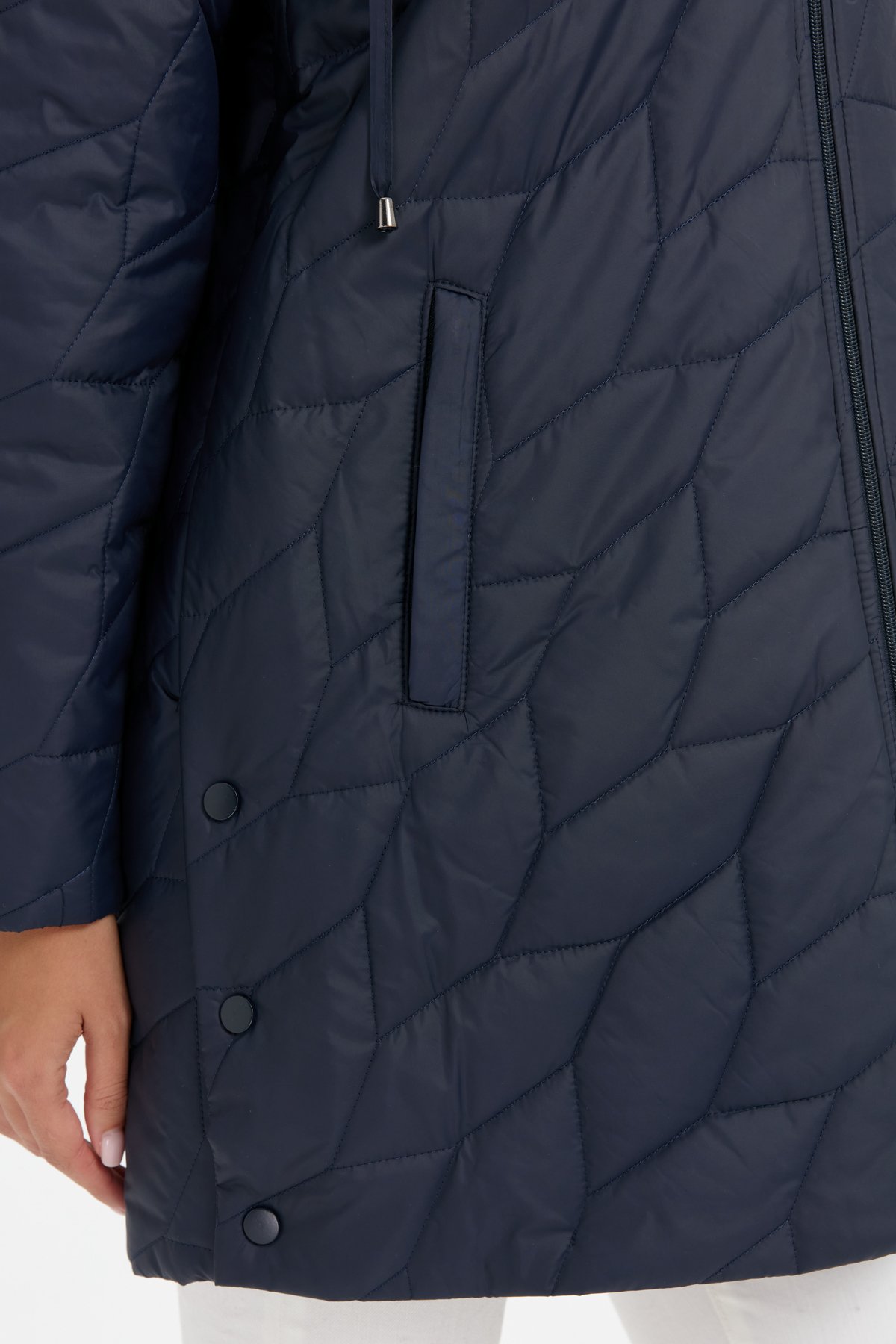 24419Kadın Polo Yaka Yanları Çıtçıtlı Yaprak Desenli Araboy Kapitone Kaban Lacivert