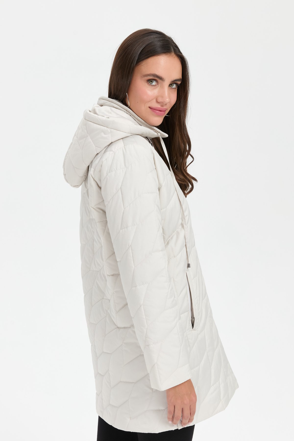 24419Kadın Polo Yaka Yanları Çıtçıtlı Yaprak Desenli Araboy Kapitone Kaban Ekru