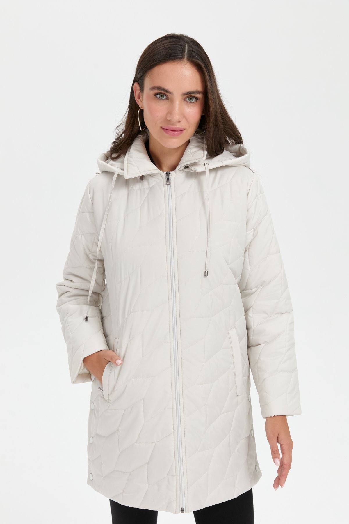 24419Kadın Polo Yaka Yanları Çıtçıtlı Yaprak Desenli Araboy Kapitone Kaban Ekru