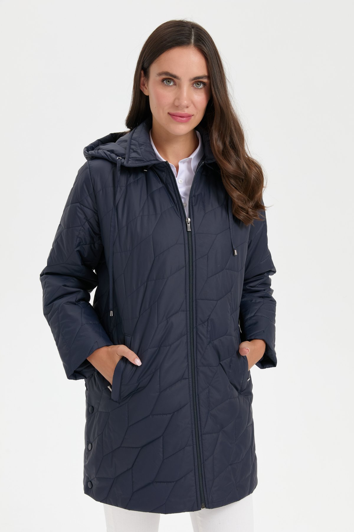 24419Kadın Polo Yaka Yanları Çıtçıtlı Yaprak Desenli Araboy Kapitone Kaban Lacivert