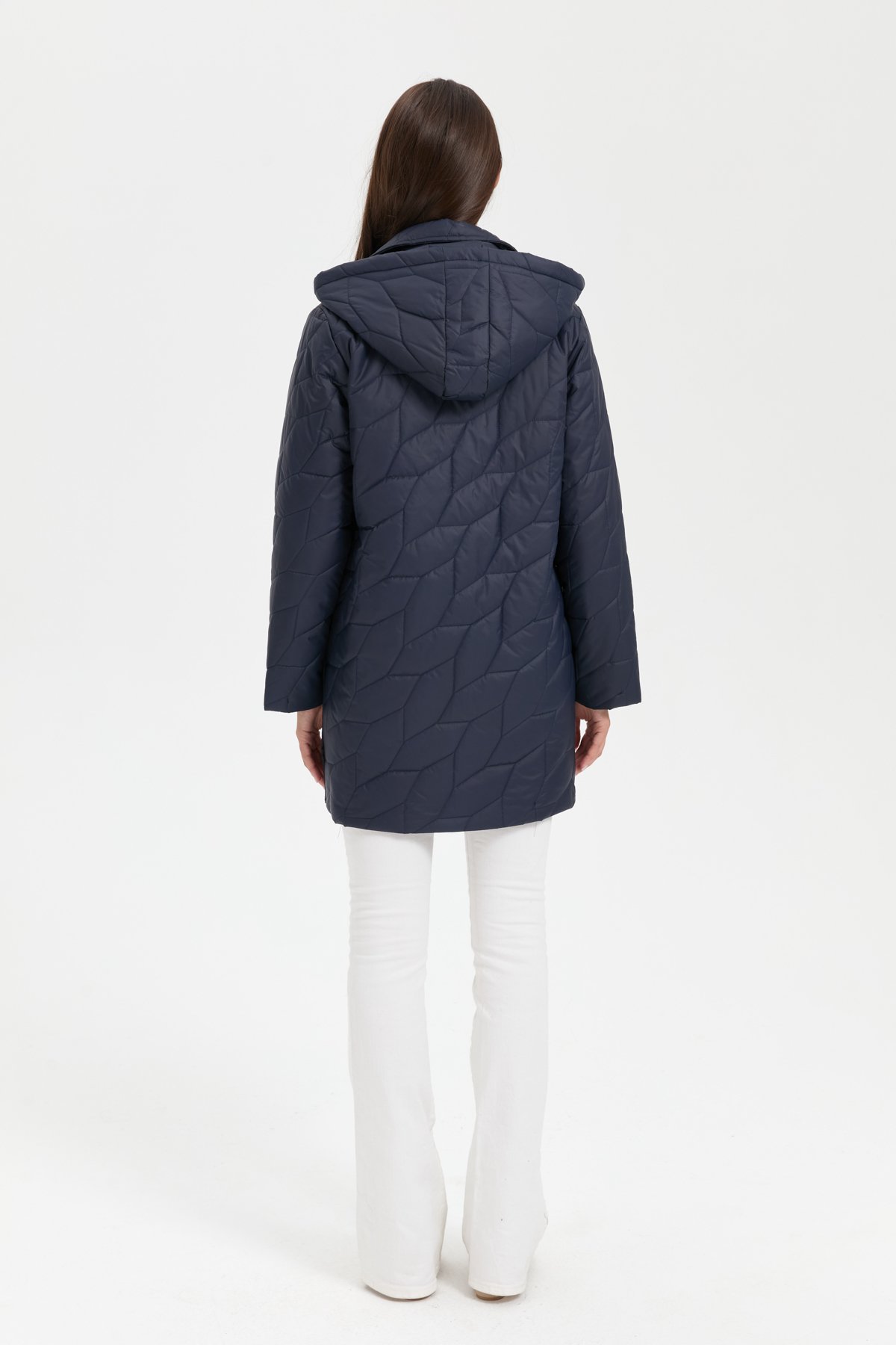 24419Kadın Polo Yaka Yanları Çıtçıtlı Yaprak Desenli Araboy Kapitone Kaban Lacivert