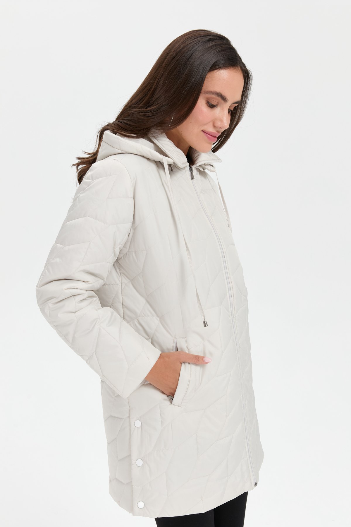 24419Kadın Polo Yaka Yanları Çıtçıtlı Yaprak Desenli Araboy Kapitone Kaban Ekru