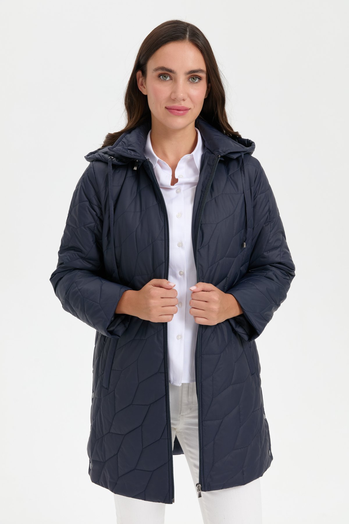 24419Kadın Polo Yaka Yanları Çıtçıtlı Yaprak Desenli Araboy Kapitone Kaban Lacivert