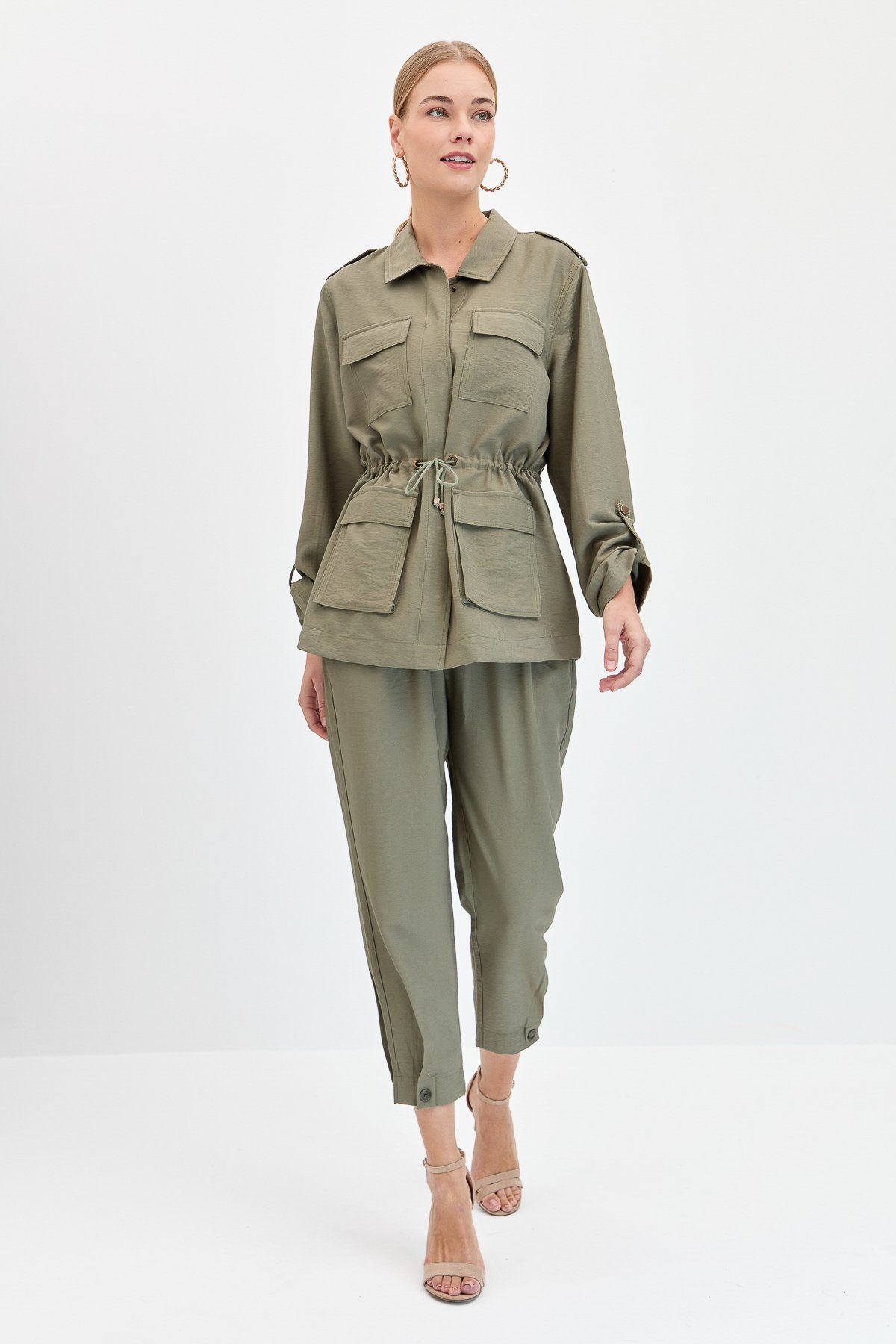 KMY24079Kadın Safari Model Keten Ceket Haki