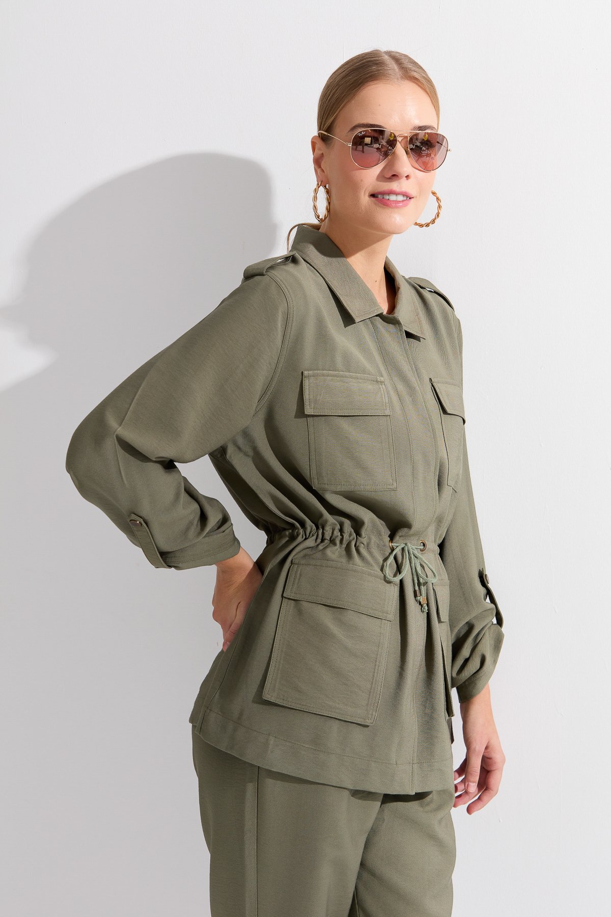 KMY24079Kadın Safari Model Keten Ceket Haki