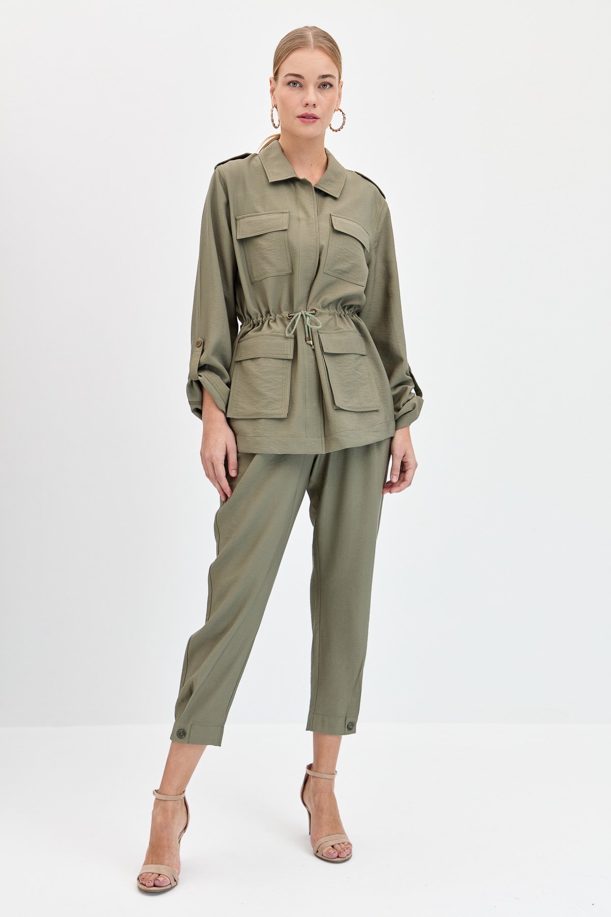 KMY24079Kadın Safari Model Keten Ceket Haki