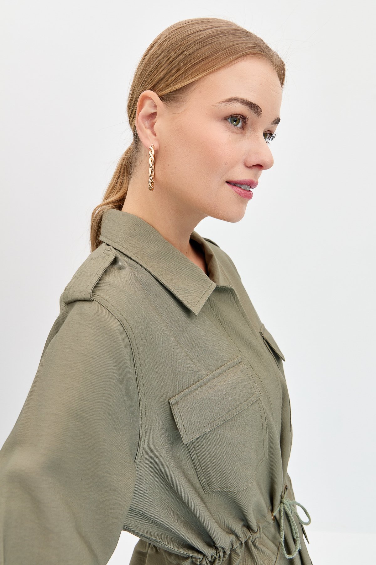 KMY24079Kadın Safari Model Keten Ceket Haki