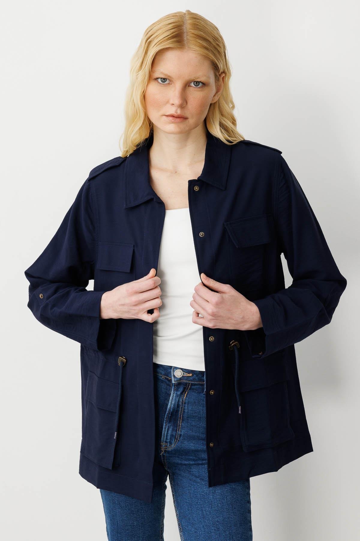 KMY24079Kadın Safari Model Keten Ceket Lacivert