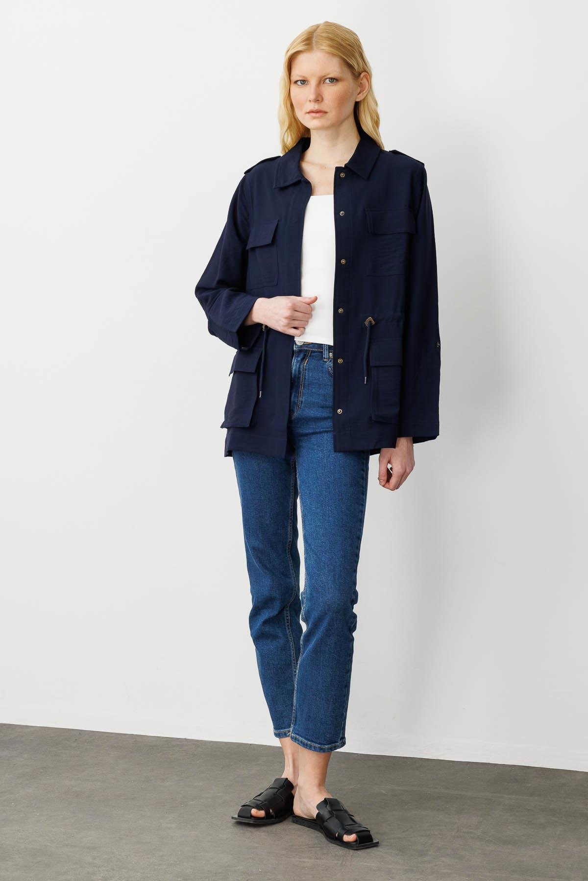 KMY24079Kadın Safari Model Keten Ceket Lacivert