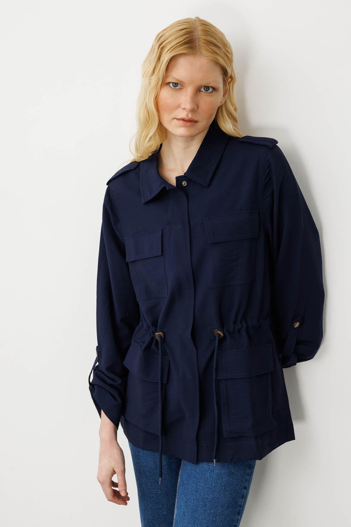 KMY24079Kadın Safari Model Keten Ceket Lacivert