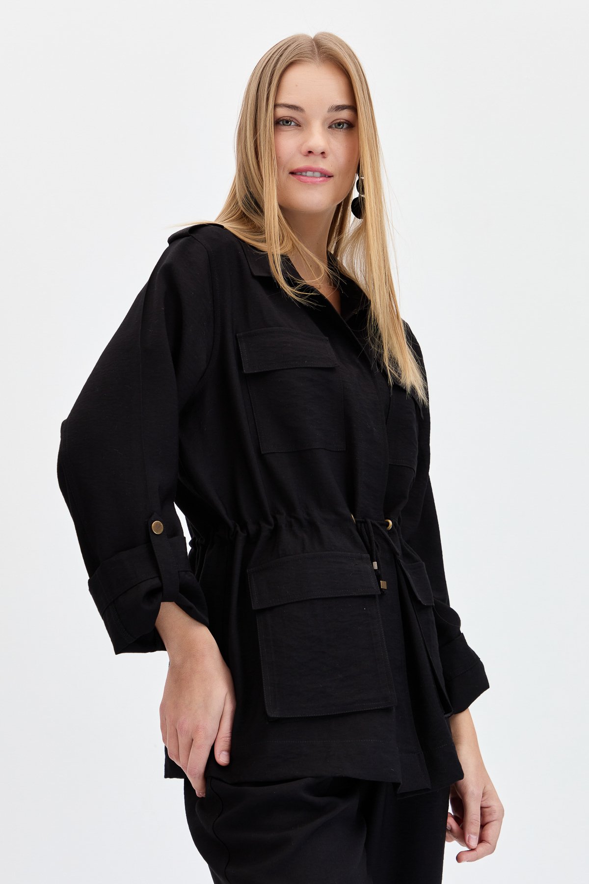 KMY24079Kadın Safari Model Keten Ceket Siyah