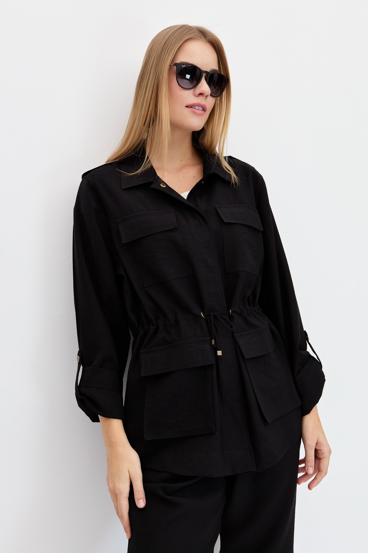 KMY24079Kadın Safari Model Keten Ceket Siyah