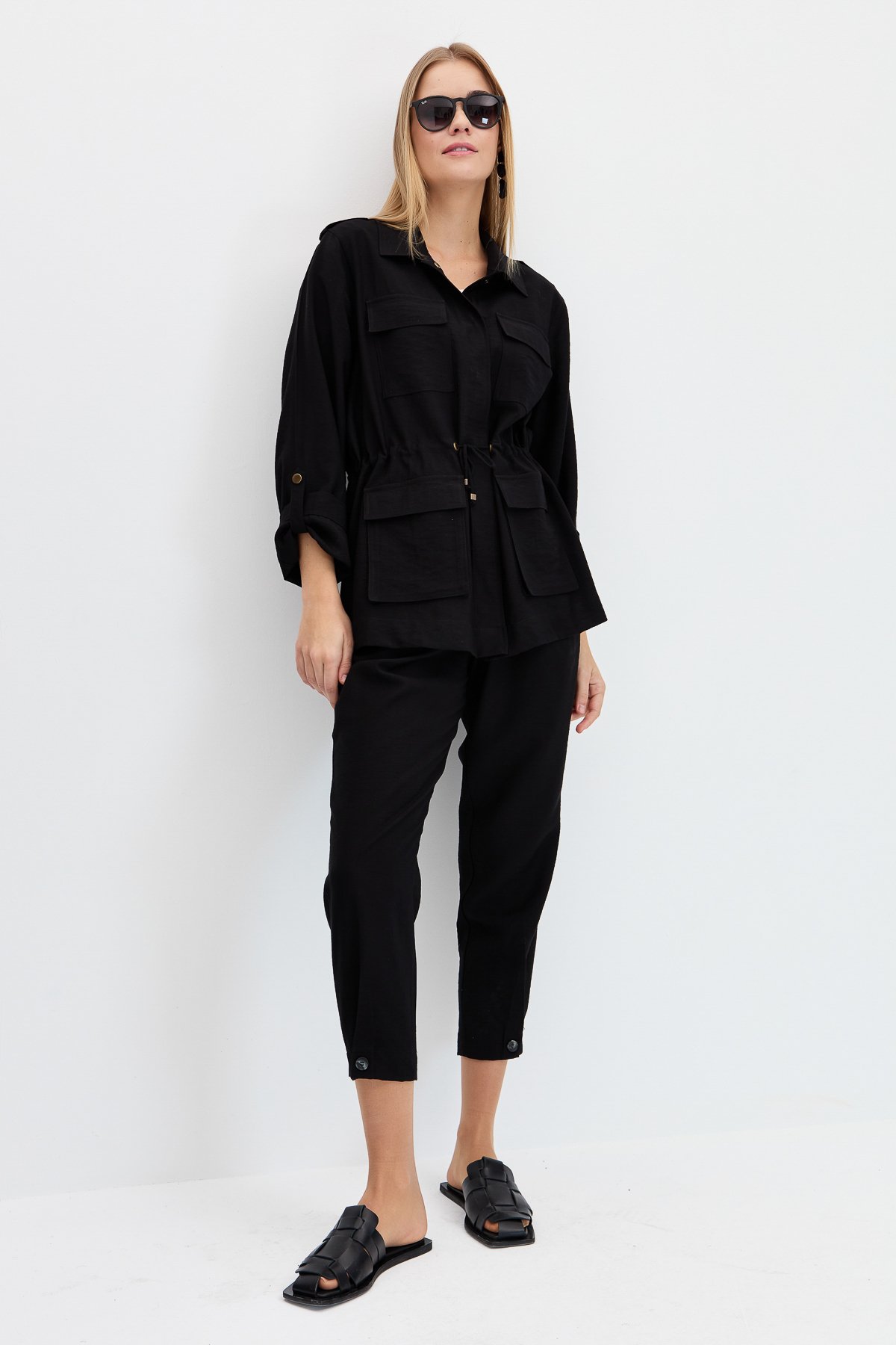 KMY24079Kadın Safari Model Keten Ceket Siyah