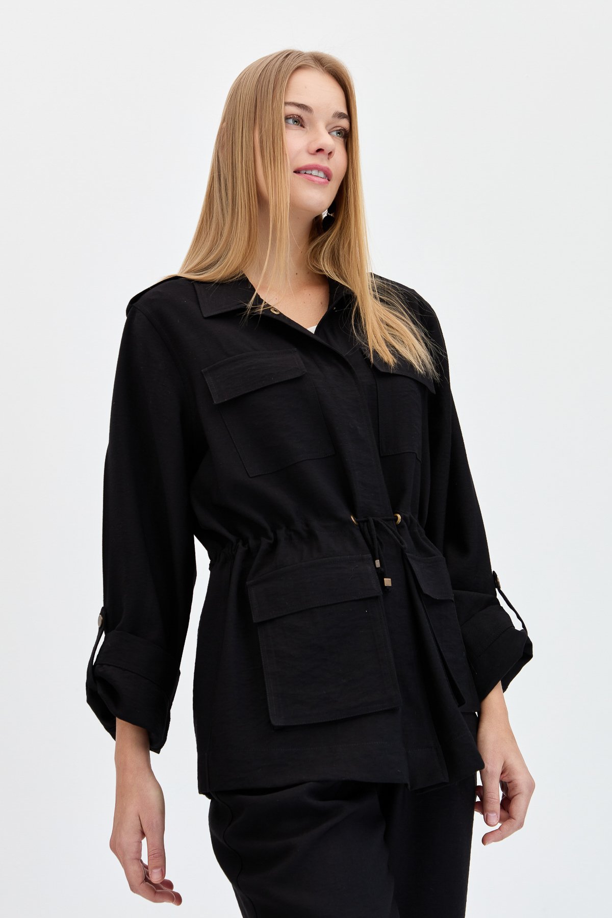 KMY24079Kadın Safari Model Keten Ceket Siyah