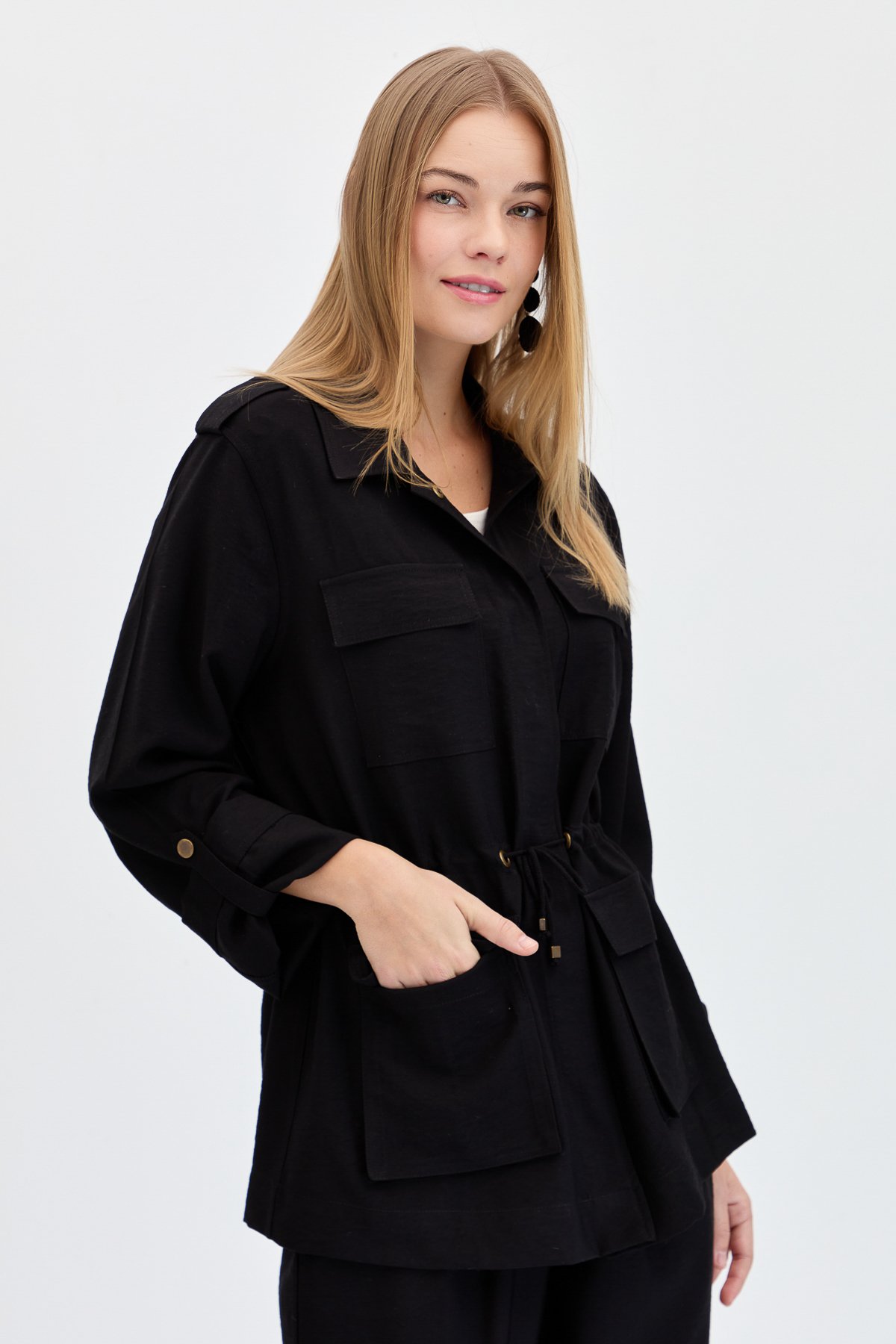 KMY24079Kadın Safari Model Keten Ceket Siyah