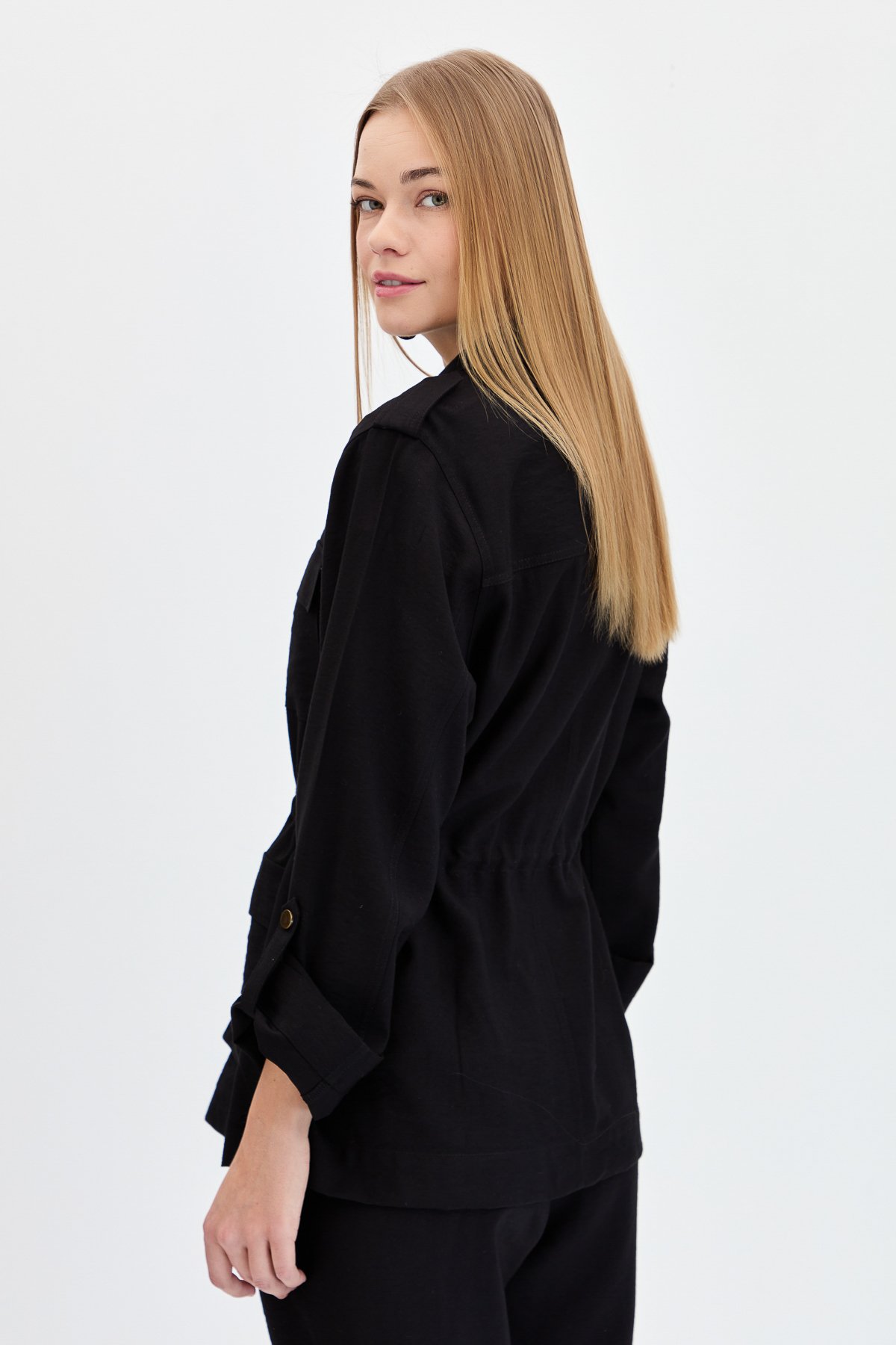 KMY24079Kadın Safari Model Keten Ceket Siyah