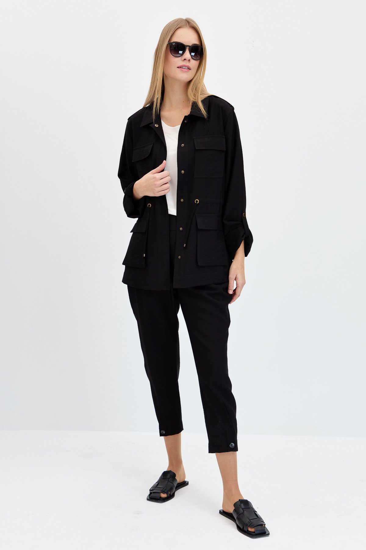KMY24079Kadın Safari Model Keten Ceket Siyah