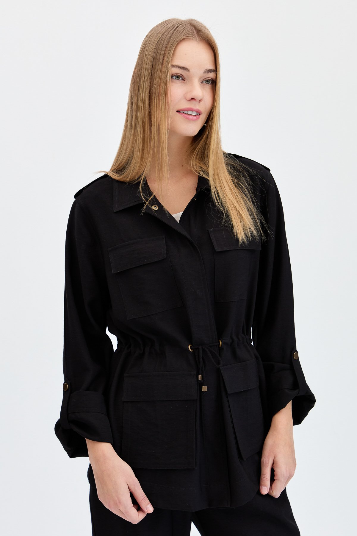 KMY24079Kadın Safari Model Keten Ceket Siyah