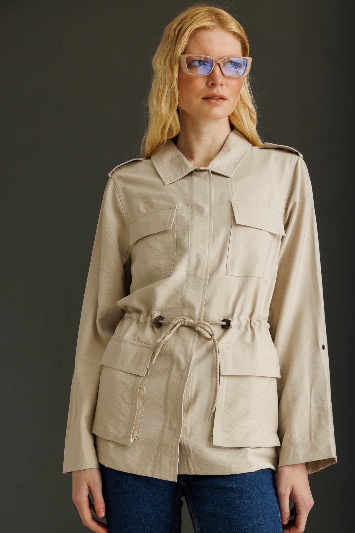 KMY24079Kadın Safari Model Keten Ceket Taş
