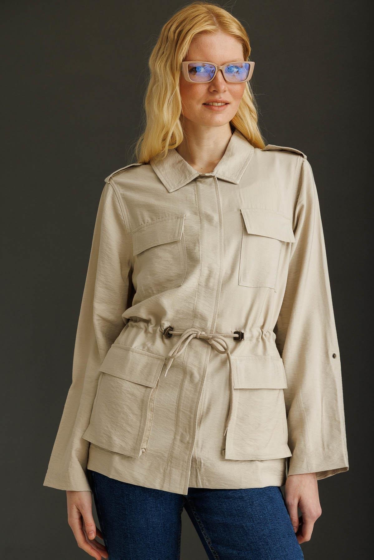 KMY24079Kadın Safari Model Keten Ceket Taş