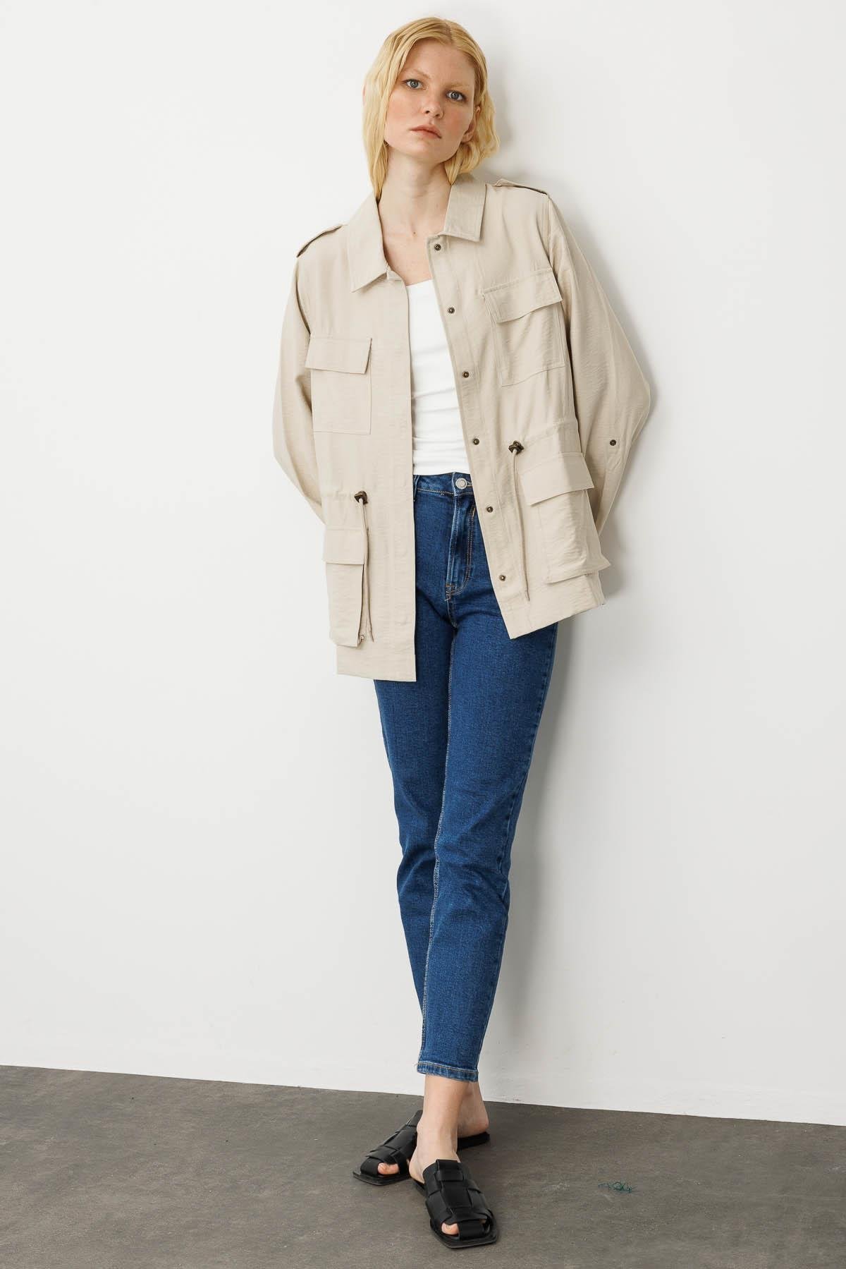 KMY24079Kadın Safari Model Keten Ceket Taş
