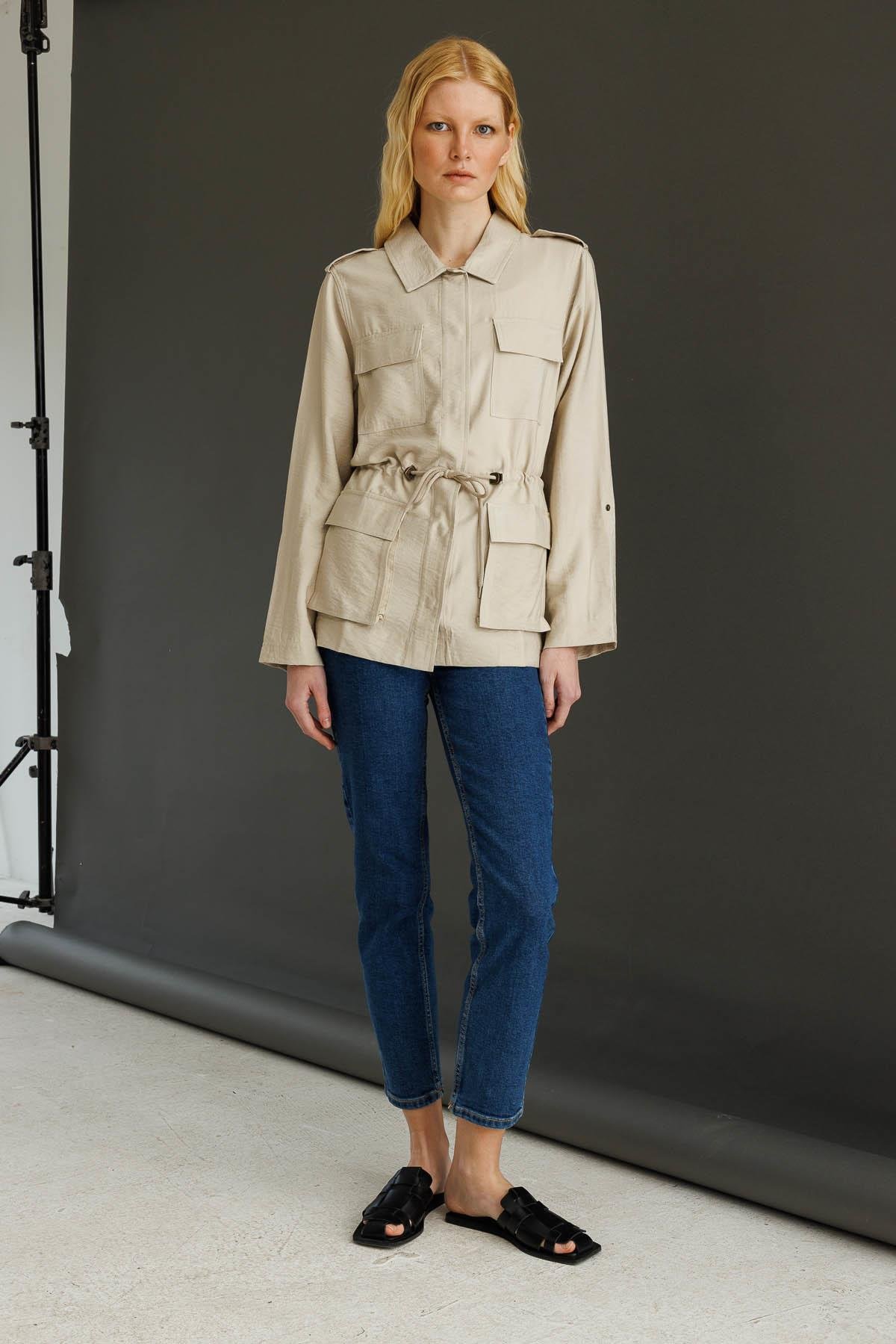 KMY24079Kadın Safari Model Keten Ceket Taş